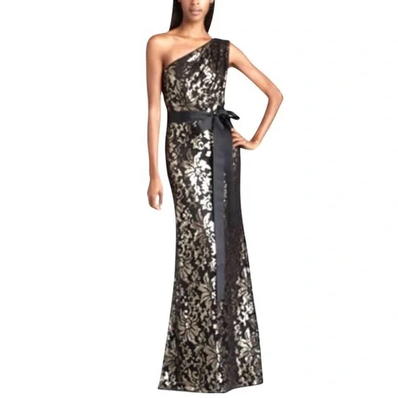 tadashi shoji one shoulder lace dress Embroidered Lace One-shoulder Gown In Multi